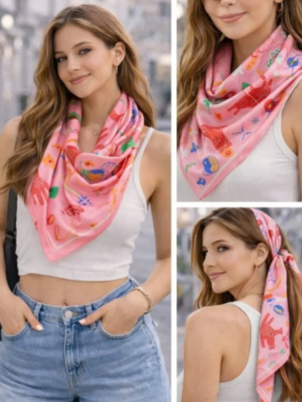 Pink Printed Satin Scarf Bandana Western Cosmic Snake Moon NWT